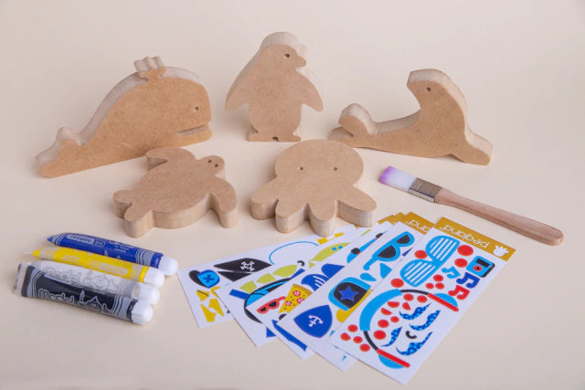 Caja crear animales de mar en madera mdf para jugar y pintar - Pegland