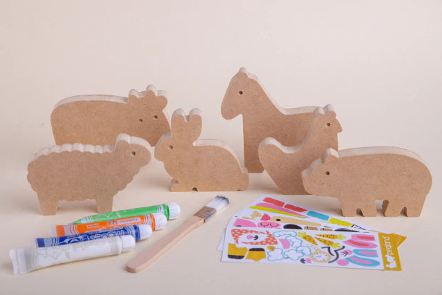 Kit cumple animales de granja en madera mdf para jugar y pintar - Pegland
