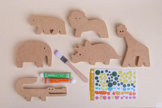 Kit cumple animales de sabana en madera mdf para jugar y pintar - Pegland