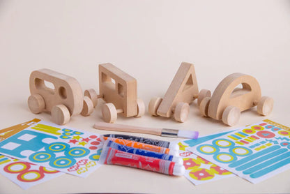 Kit cumple autos en madera MDF para jugar y pintar - Pegland